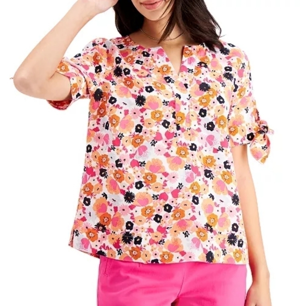 NWT Charter Club Linen Tie-Sleeve Top Floral Print PXL
